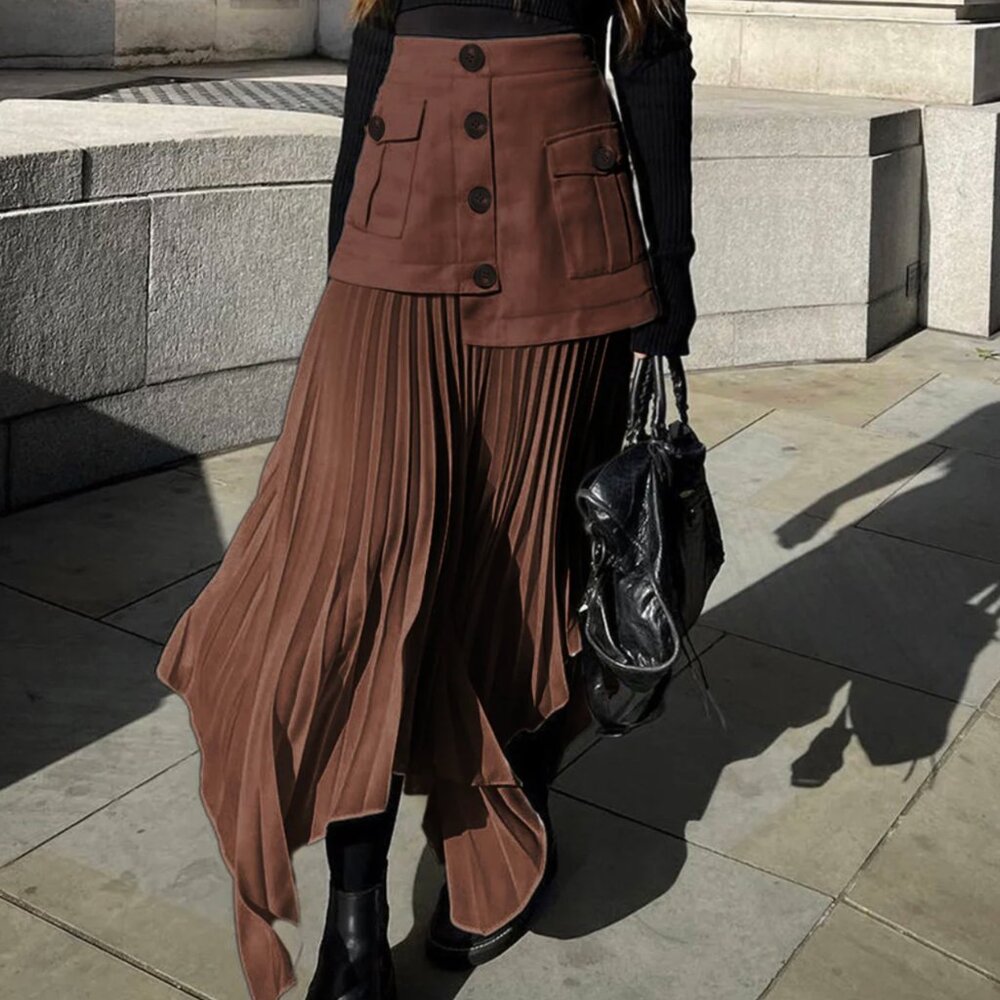 Patchwork Asymmetrical Pleated Buttoned Midi Skirt - image 1